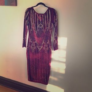 Large Akira Cranberry Gold Beaded Midi Dress